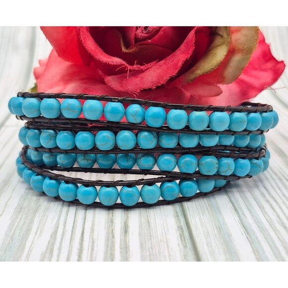 Victoria Emerson Blue Turquoise Stone Beads Brown Leather Cord Wrap Bracelet 36" - Picture 6 of 11